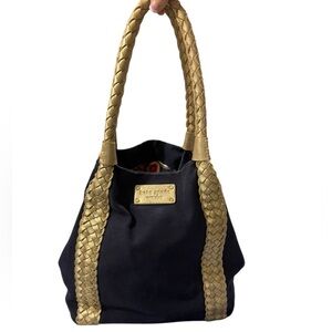 Kate Spade Navy Canvas Tote Gold Braided Handles Zip Pocket